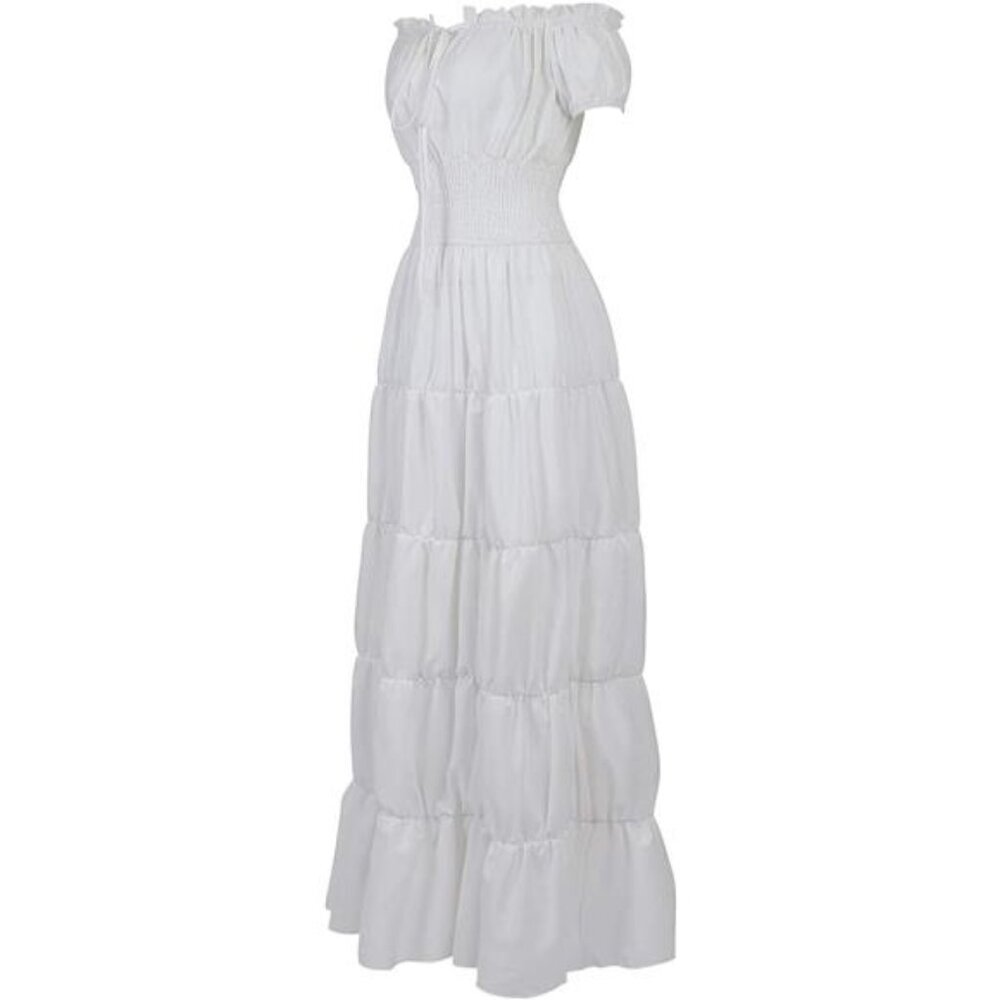 White Off Shoulder Long Dress Renaissance Medieval Pirate Halloween Cosplay - Picture 5 of 6